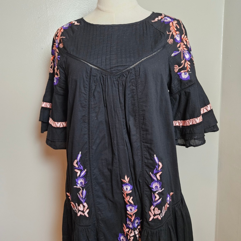 Free People Pavlo Embroidered Babydoll Mini Dress Tunic Sz S Black Ruffle - Picture 2 of 13